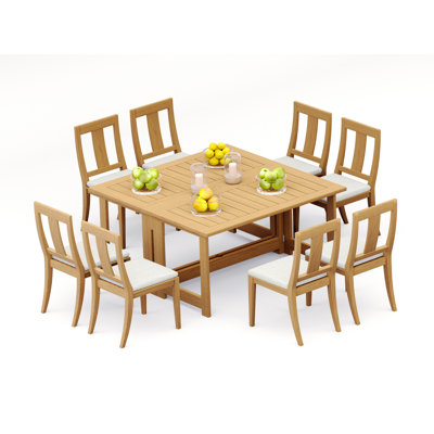 Ensemble de salle à manger de 9 pièces en bois de teck de qualité A: table rectangulaire en forme de papillon et chaises sans accoudoirs Cargin # 11OS1400