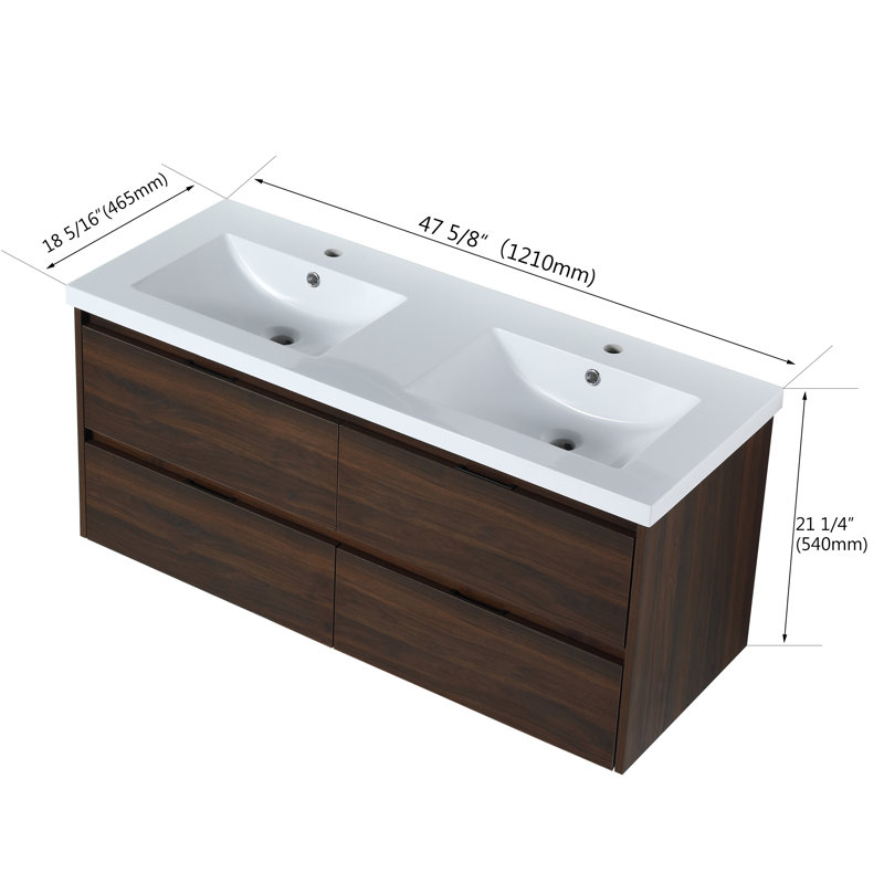 Paup 48" Wall Mounted Double Bathroom Vanity Set, Floating Bathroom Vanity with Resin Basin Sink Top, 4 Drawers, Walnut