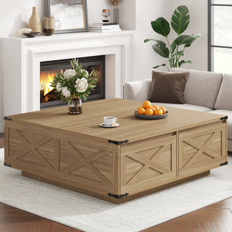 43" Large Farmhouse Coffee Table With 4 Storage Drawers, Natural Wood
