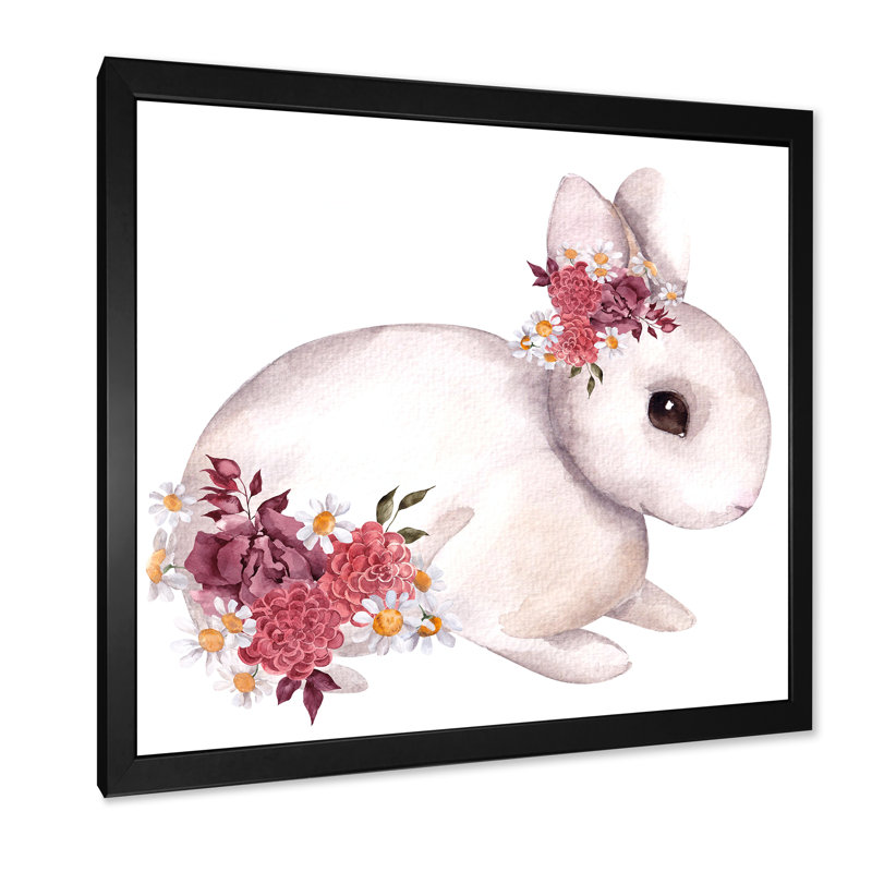 Mignon lapin et fleurs et feuilles d'automne - Peinture sur toile, H 30 po x l 30 po x P 1 po, Cadre photo noir
