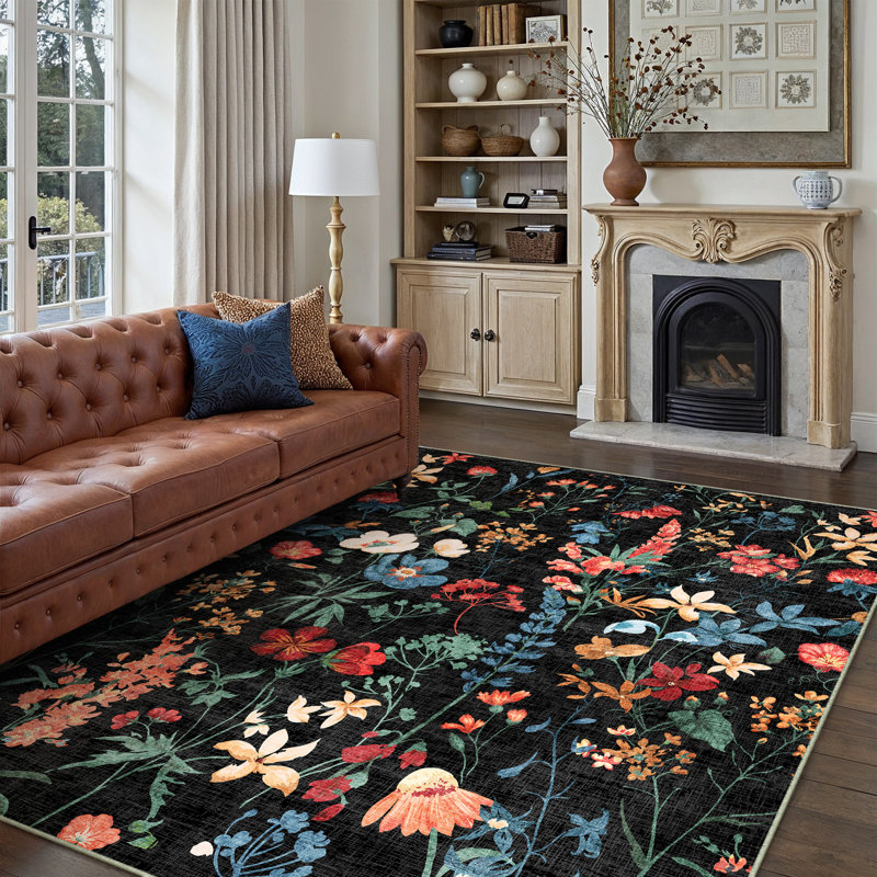 Tapis floral lavable à la machine avec envers antidérapant, Black, Rectangulaire 8 pi x 10 pi
