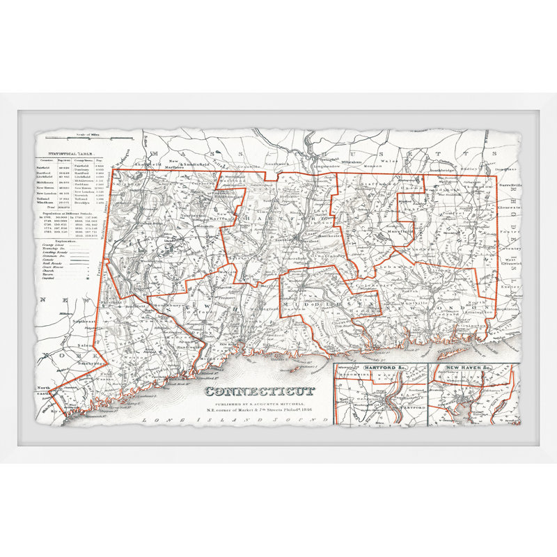«Red Outline Connecticut II» - Impression sur papier encadrée, H 20 po x l 30 po x P 1,5 po