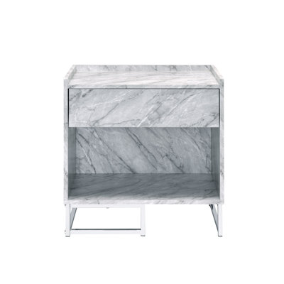 Azrael White Faux Marble Accent Table with Chrome Finish - Modern Side Table with Storage Drawer and Open Compartment for Living Room
