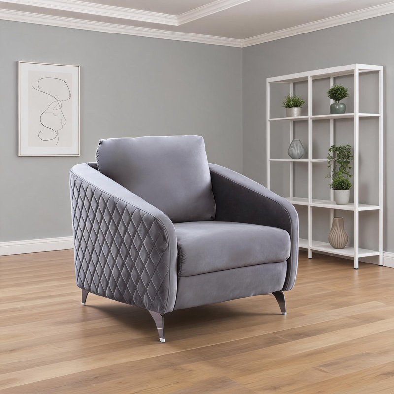 Sièges d'appoint de salon | Fauteuil d'appoint moderne en velours gris neutre avec coutures en losanges