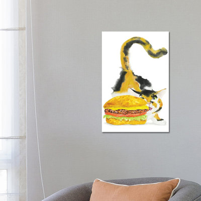 Calico Cat And Burger by Alexey Dmitrievich Shmyrov - Wrapped Canvas Print