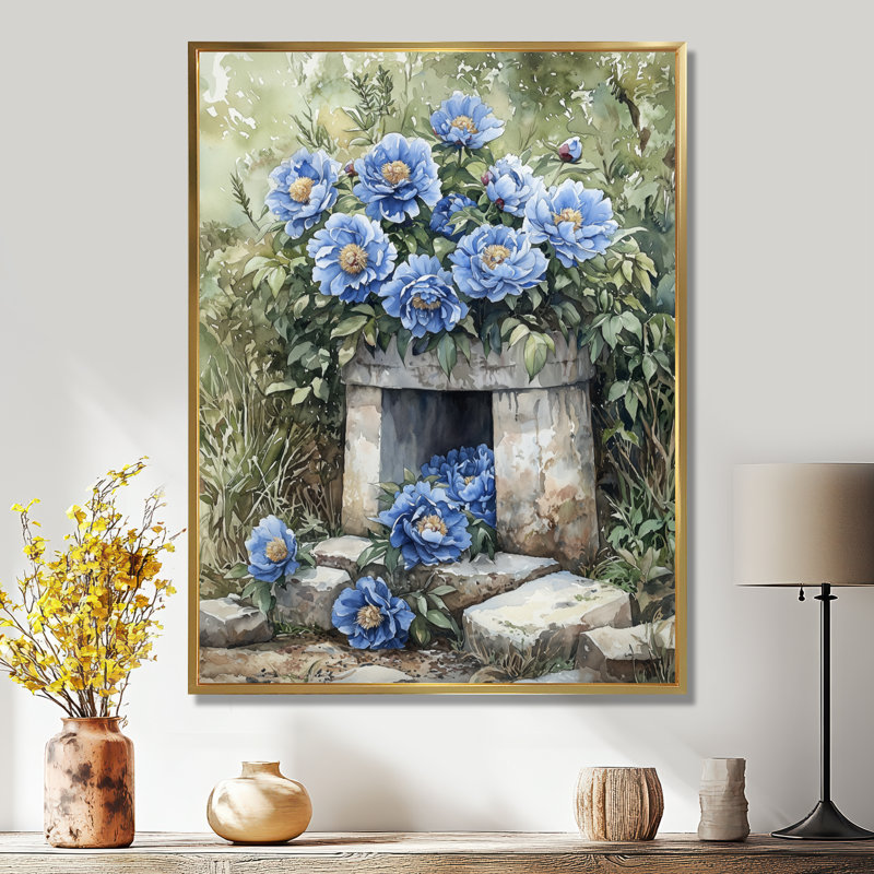 Grandes pivoines bleues céruléennes par The Well II - pivoines, art mural, H 32 po x l 16 po, Doré