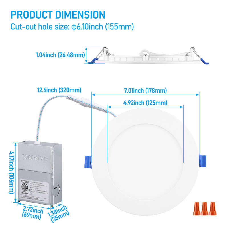 Luminaire encastré mince 6 "à DEL avec boîte en J, CRI90, 12 W, intensité variable 1100LM
