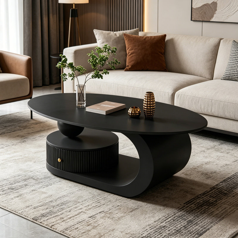 Table basse de luxe avec tiroir de rangement, Plateau noir / base noire, H 15,74 po x L 39,37 po x l 21,65 po