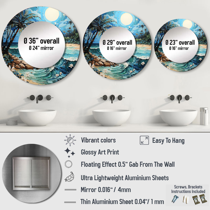 Coastal Island Escape Round Metal Wall Mirror with Beach Print