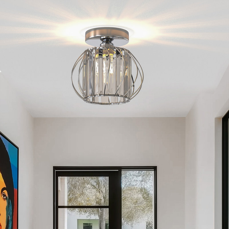 7 In. 1-Light Modern Crystal Semi Flush Mount Ceiling Light,Gold Cage Design For Hallway, Entryway, Or Bedroom, Chrome