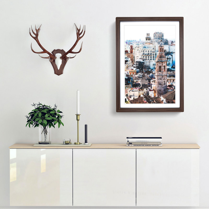 Valencia Skyline in Spain - Framed Print, 63cm H x 45cm W x 2cm D, Walnut Framed