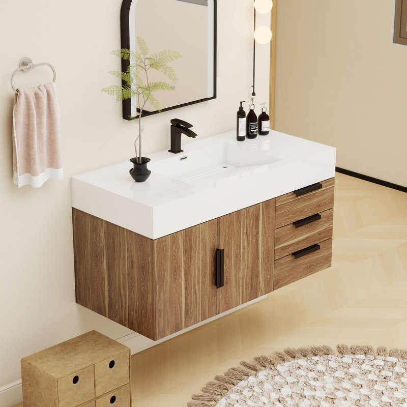 42" Wall-Mounted Single Bathroom Vanity, Natural Oak