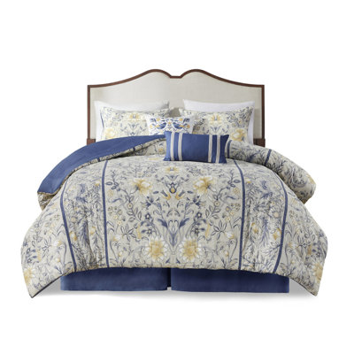 6 Piece Cotton Comforter Multi King - Yellow And Blue Botanical Decoration 100% Comfortable Bedroom Decor For Bed Theme Elegant Bedding