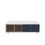 Table basse rectangulaire bleu foncé avec rangement en verre, 4 tiroirs, pieds dorés et éclairage multicolore pour le salon