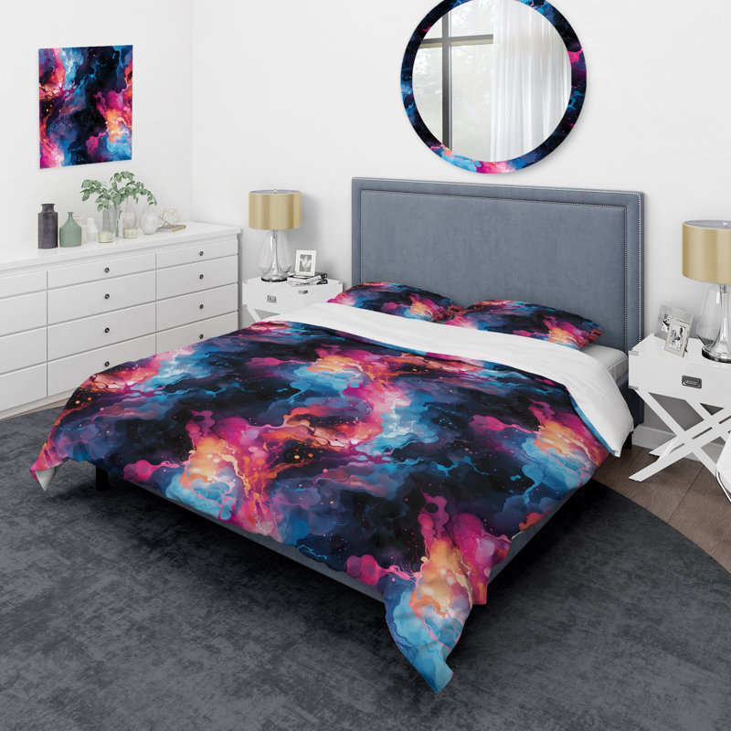 Literie en marbre rose et bleu Galactic Dreams, Housse de couette pour très grand lit et 2 très