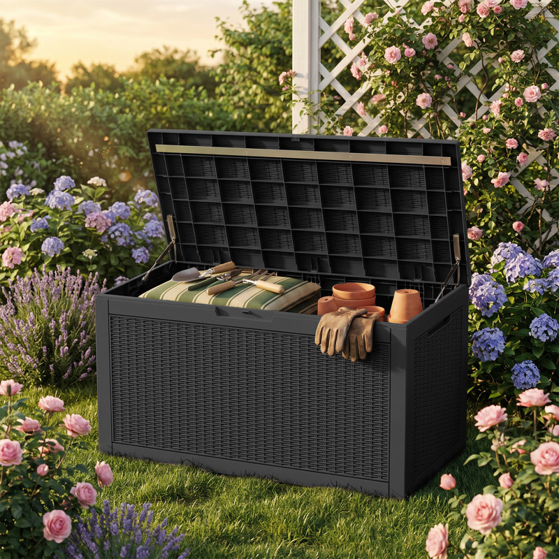 Boîte de rangement extérieure 120 gallons, boîte de rangement en résine imperméable et verrouillable avec siège, Noir