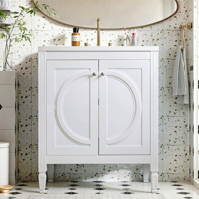 Meuble-lavabo vintage de 30 po sans assemblage requis avec lavabo en céramique, deux portes à fermeture en douceur et tablette réglable, style campagne moderne