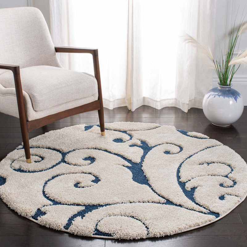 Benedetti Damask Hand Woven Area Rug, Round 152 cm, Cream/Blue