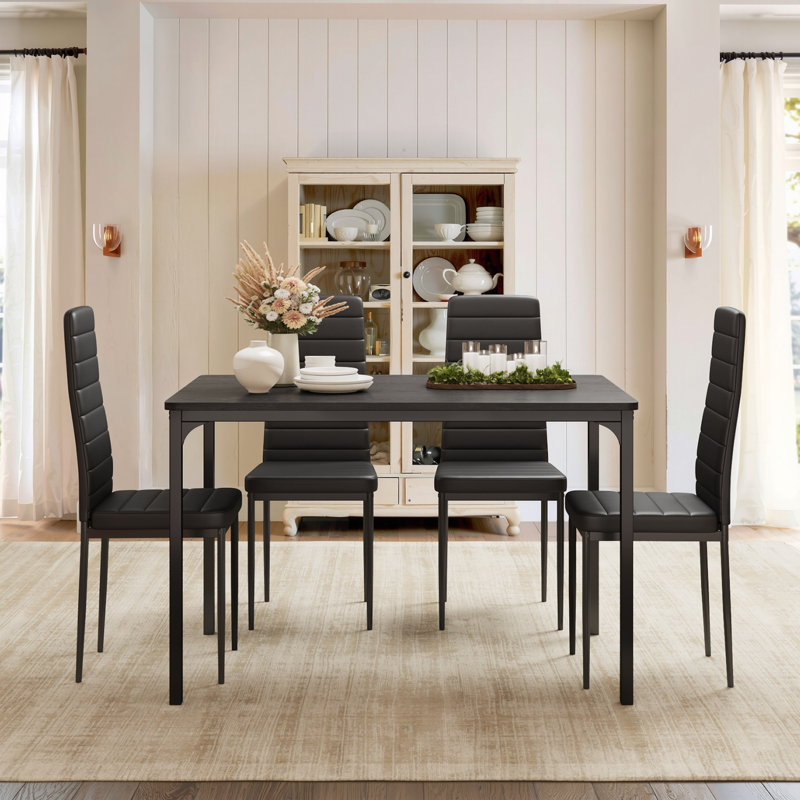 4-Person Solid Wood Dining Table Set with Leather-Trim Chairs and Space-Saving Design, Black