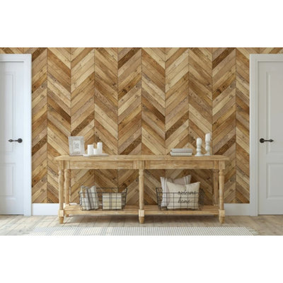 Natural Wood Chevron Plank Wall Mural Wallpaper