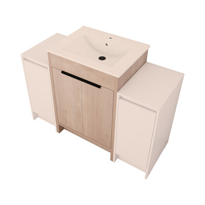 Meuble-lavabo autoportant de 48 po avec lavabo en céramique et 2 armoires de rangement, porte à fermeture douce