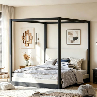 Wood Canopy Platform Bed with Upholstered Headboard