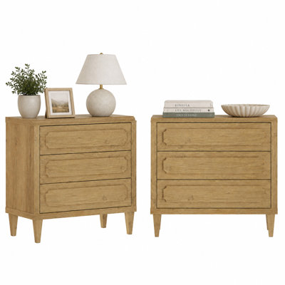 Set of 2 Mid-Century Modern Large Nightstand with 3 Drawers, 31.5" Tall Vintage Wood End Table for Living Room, Bedroom