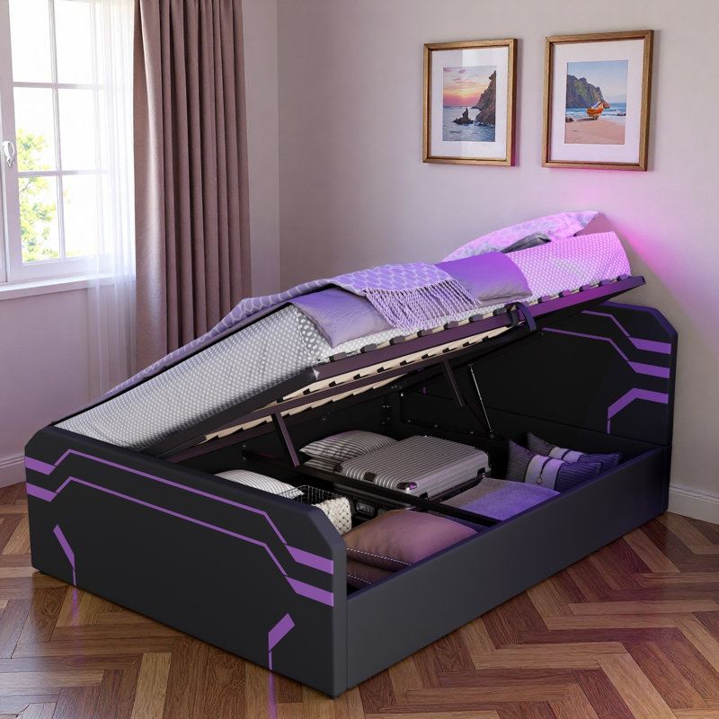 Lit de jeu rembourré avec système de rangement hydraulique à levage latéral et tête de lit rembourrée, Black/Purple