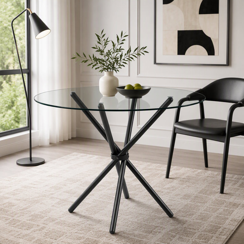 Table de salle à manger ronde en verre avec pieds en métal en forme d'anneau, Black+Transparent