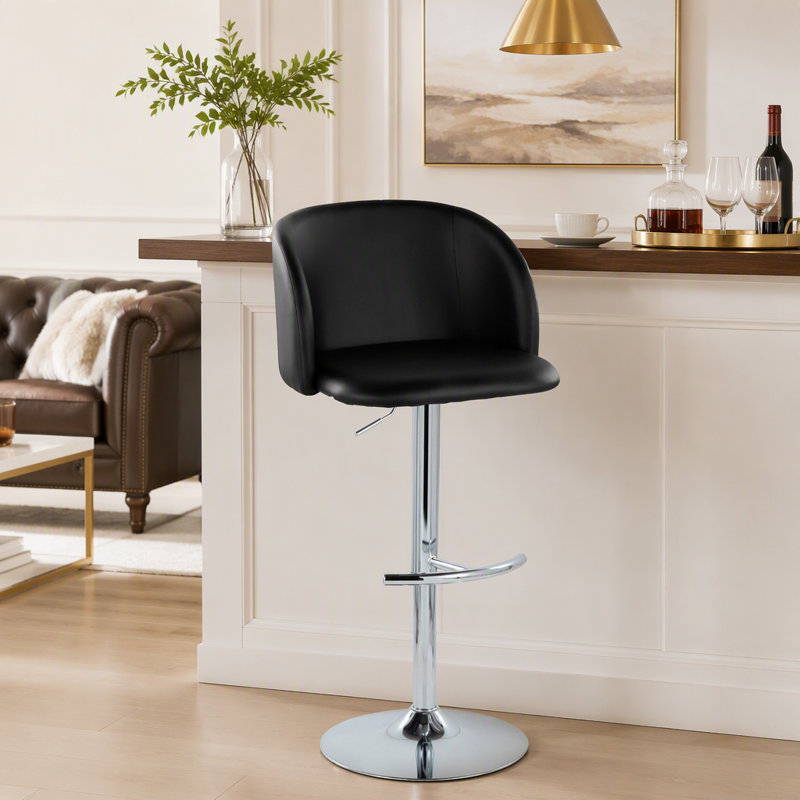 Tabouret de bar réglable en métal chromé et similicuir noir avec repose-pieds arrondi en T - ensemble de 2, Chrome chrome