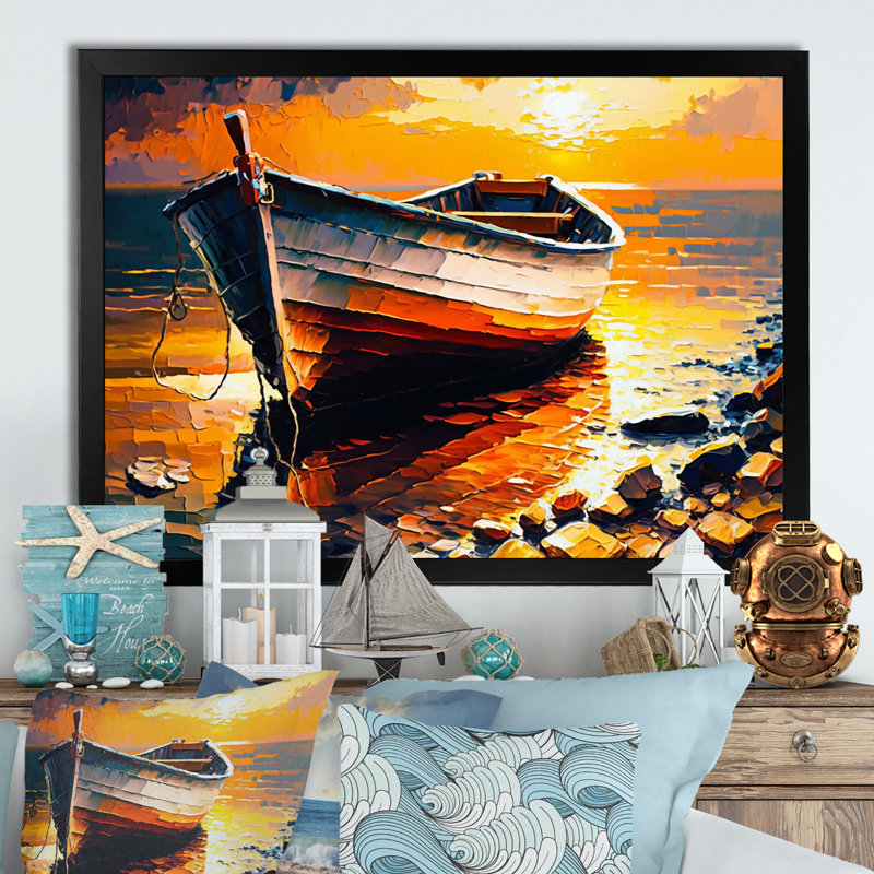 Bateau sur le rivage II - reproduction sur toile, Impression noire sur toile encadrée, H 24 po x l 32 po x P 1 po