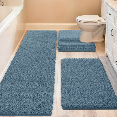 Upgrade Extra Large Haze Blue Bathroom Rug Set 3 Pieces Ultra Soft, Thick Absorbent Bath Mats, Non Slip Chenille Toilet Mat for Bathroom, Bedroom, Kitchen, Stone Blue