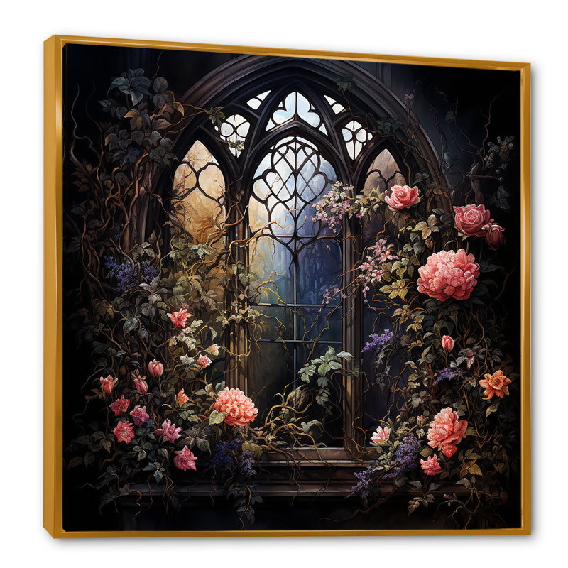 Floral floral gothique d'églises de fenêtre II - Art mural de fenêtre pour le salon, H 16 po x l 16 po x P 1 po