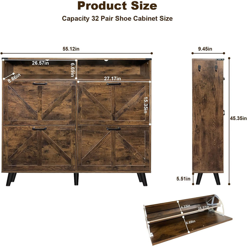 Shoe Storage Cabinet, Farmhouse Shoe Organizer With 4 Flip Drawers And Open Storage, Brown Wood