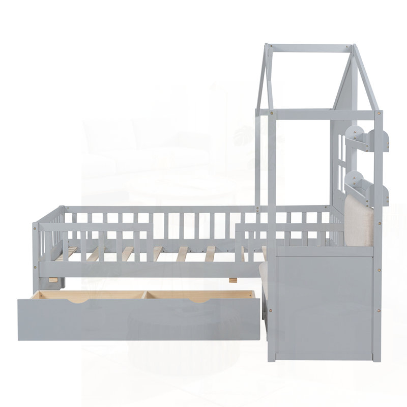 Lit simple avec canapé et rangement pour chambre d'enfant, conception compacte et peu encombrante, gris