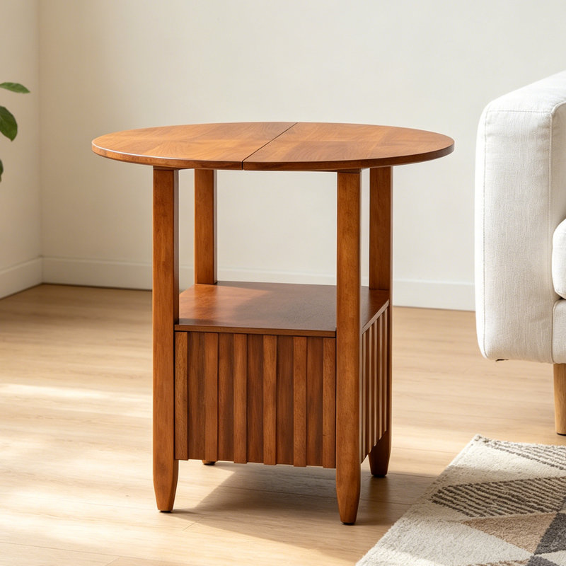 Mid-Century Solid Wood Round Dining Table With Storage Shelf