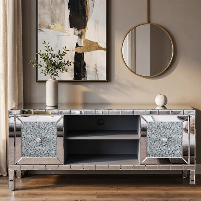 Meuble télé de 47 pouces avec portes en verre à effet diamant, centre de divertissement moderne avec rangement ouvert, compatible avec les téléviseurs jusqu'à 50 pouces, argent