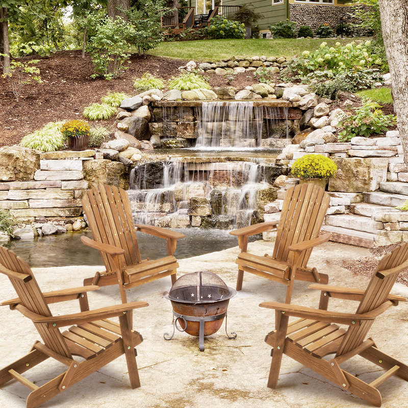 Light Brown Wooden Folding Adirondack Chairs with Arms, Set of 2