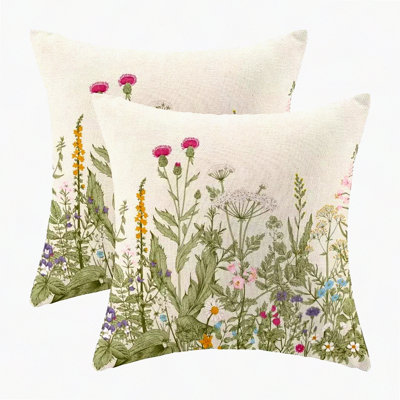 Wildflower Pillow Covers - Set of 2, Floral Throw Pillow Covers for Couch Sofa, Outdoor Farmhouse Decor with Spring Flower Herbs Plant Leaves Pattern