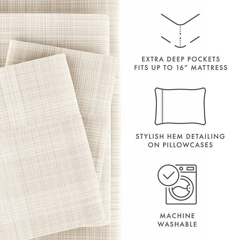 Sheet Set Solid Microfiber Ultra Soft Bedding, Queen Sheet Set with 2 Pillowcases, Ray Geometric