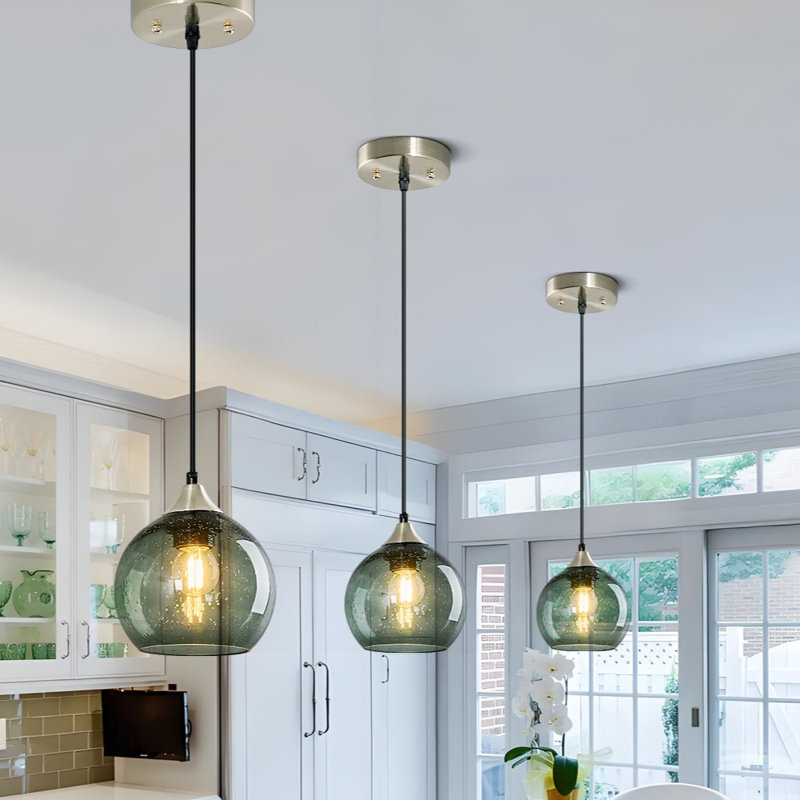 Charolyn 3 - Light Single Pendant Light Globe Pendant Light Fixtures Glass Pendant Lights Kitchen Island Lighting, Gray Green