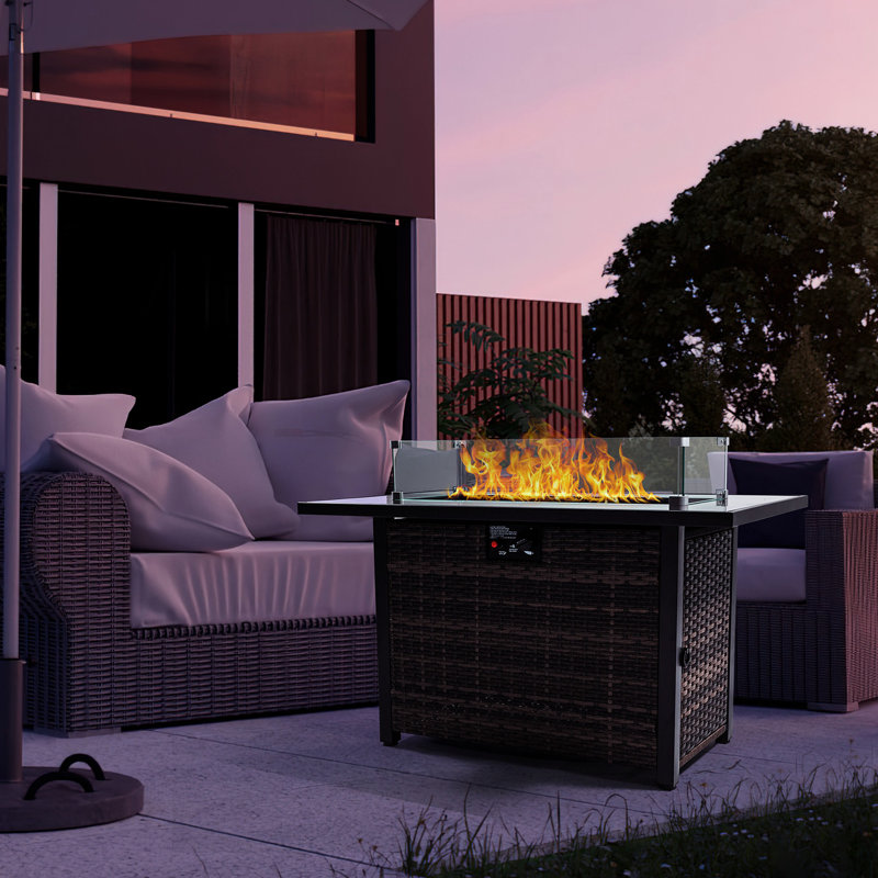 50,000 Outdoor Fire Table With Propane Gas, Base, Glass Wind Guard And Lid, For Garden Patio Backyard, Contemporary Look Fireplace Pit Backyard Garden, Stunning Style