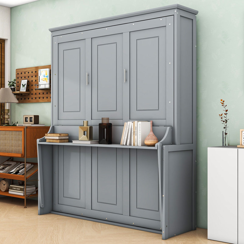 Grand lit escamotable en bois avec tablette de bureau convertible, Gris