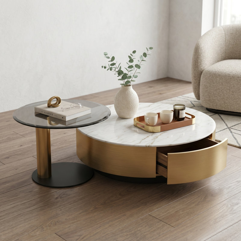 Ninah Fully Assembled, Modern Light Luxury Round Nesting Coffee Table With 1 Drawer, Gold Base&Glass Rock Panels For Living Room Decor
