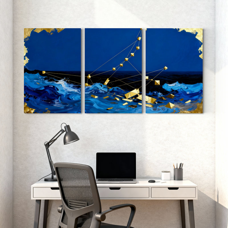 Ensemble de 3 impressions sur toile Blue Ocean Waves avec accents dorés, H 24 po x l 48 po
