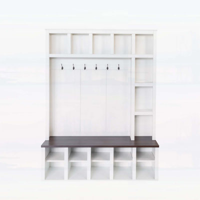Wooden Hall Tree with 6 Hooks,Storage Bench, Adjustable Shelves,and 4-in-1 Entryway Shoe Cabinet