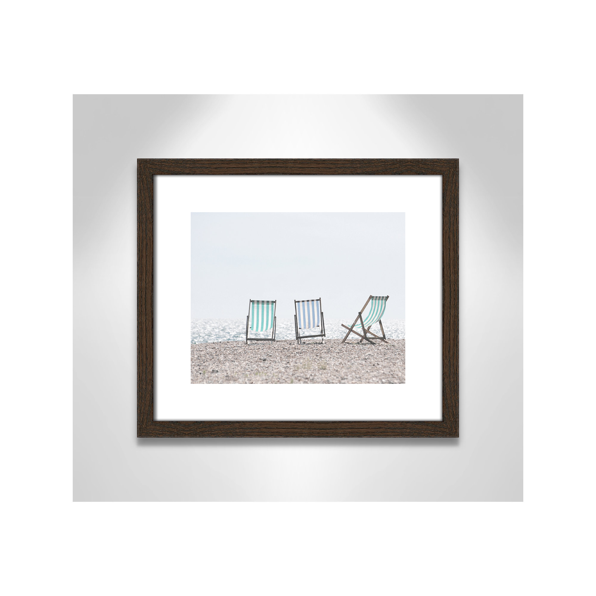 Beach Chairs - Photograph Print, Walnut Wood Grain Framed Paper, 13" H x 15" W x 0.75" D