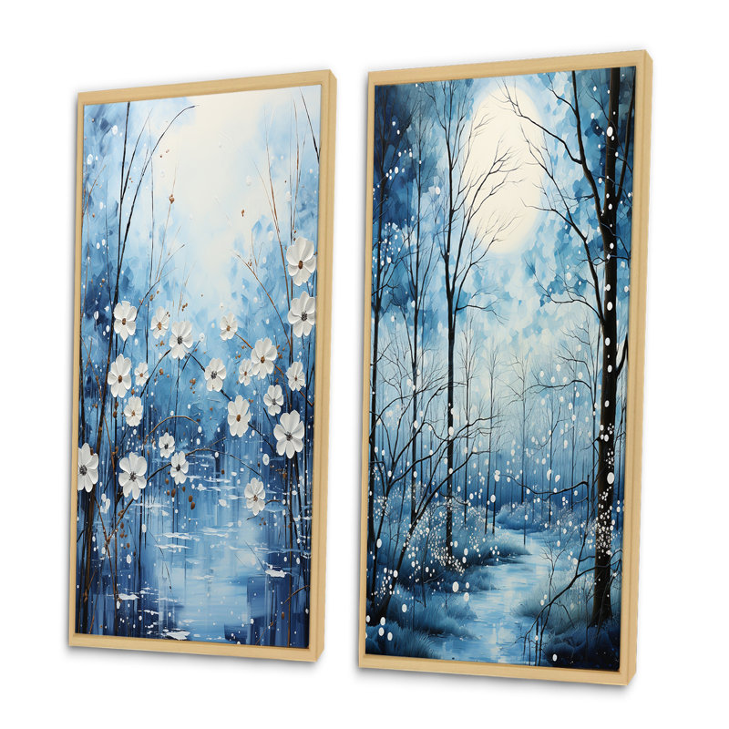 «Winters Flowers Embrace Pointillism», 2 pièces, H 40 po x l 40 po, Encadrement brun