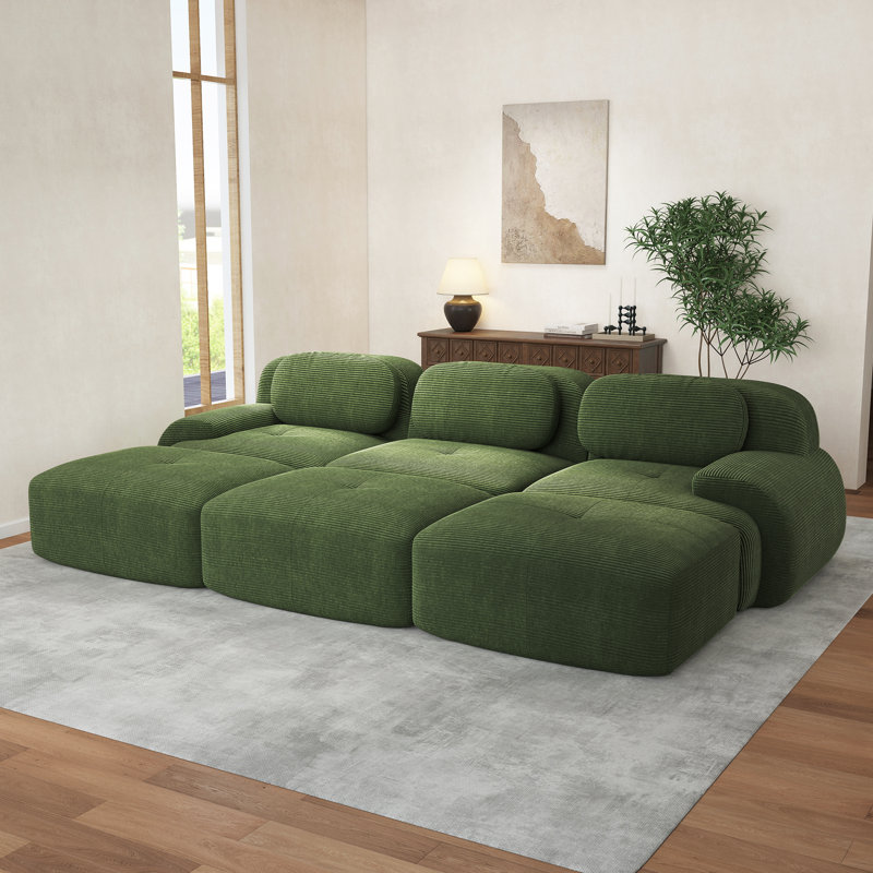 Boneless Three-Seat Modular Sofa With 3 Ottomans Corduroy Fabric 32D High-Resilience Sponge Living Rooms Media Rooms