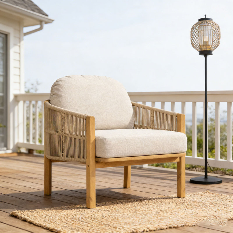 Fauteuil club d'extérieur en bois, Beige-1